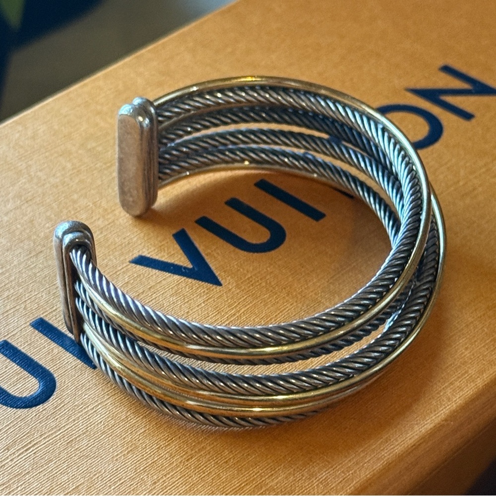 Authentic David Yurman Four Row 18k Gold Silver Crossover Bangle Cuff Bracelet